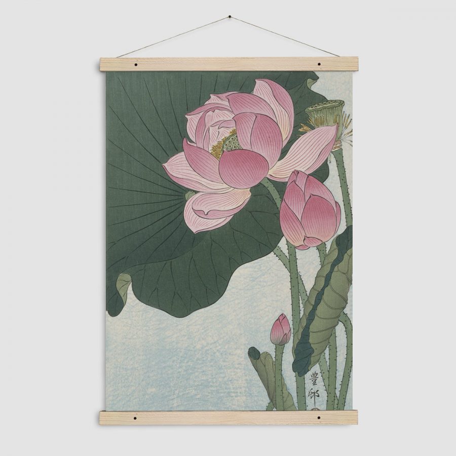 wandkleed japanse lotus roze blank zwart